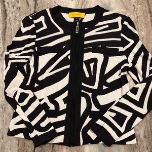 St John Black & White Abstract Zip Up Sweater Size P